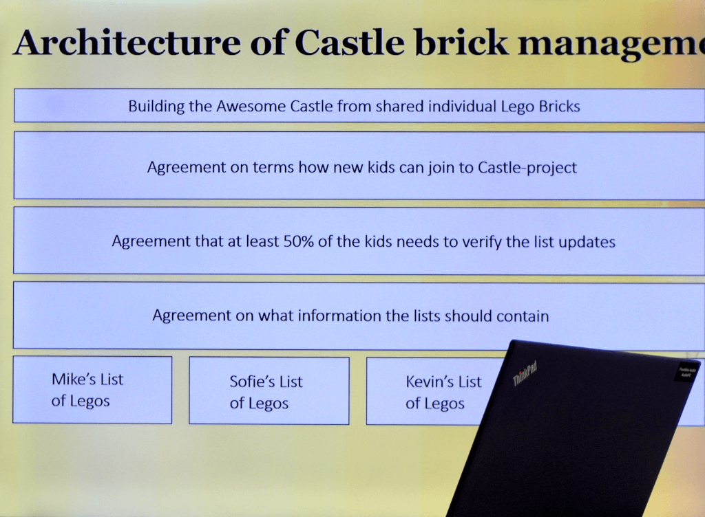 Presentation slide: Architecture of Castle brick management - Lego example of blockchain